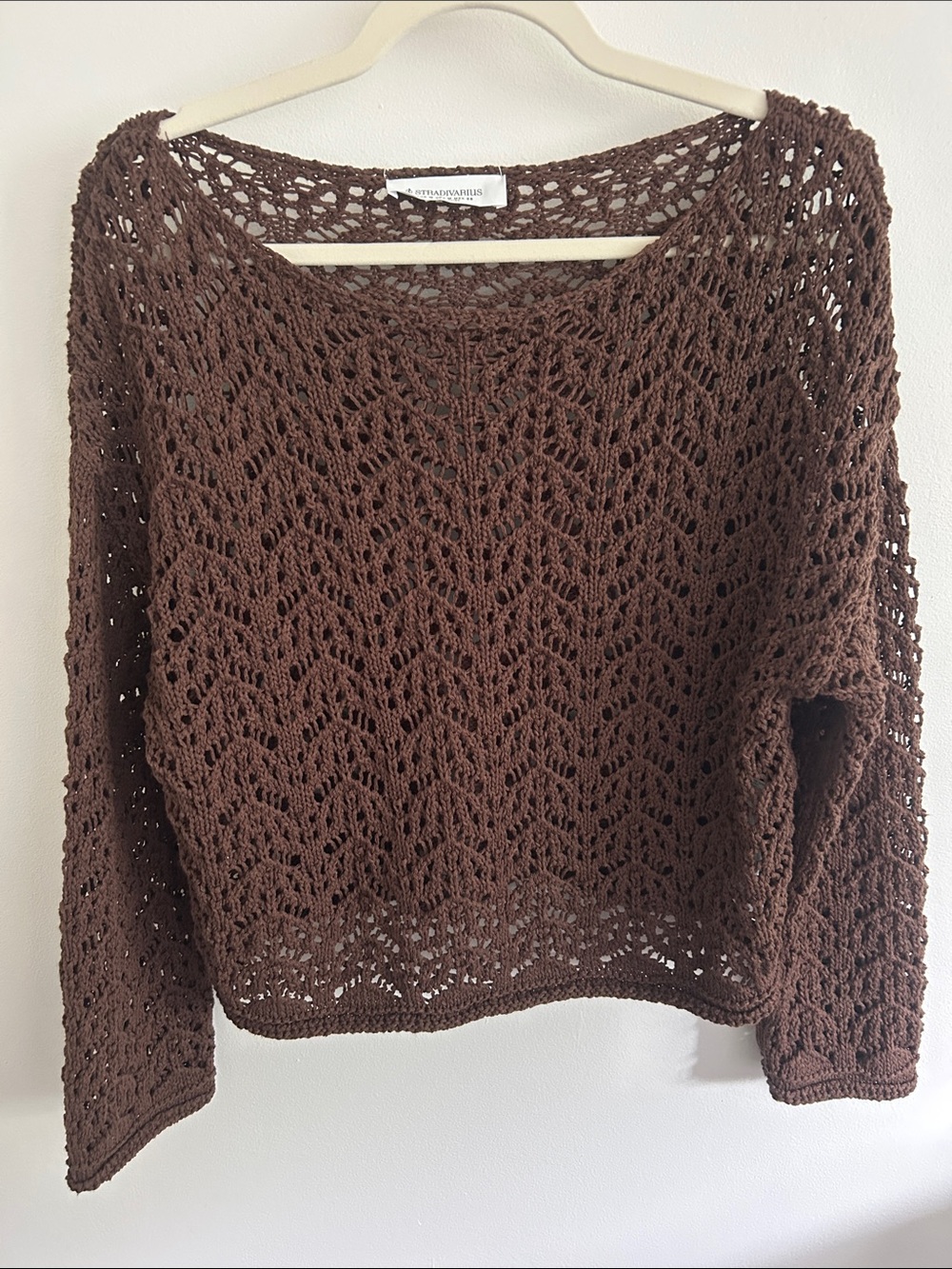 Brown Relaxed Fit Open-Knit Crochet Scoop Neck Long Sleeve Sweater- Size Medium